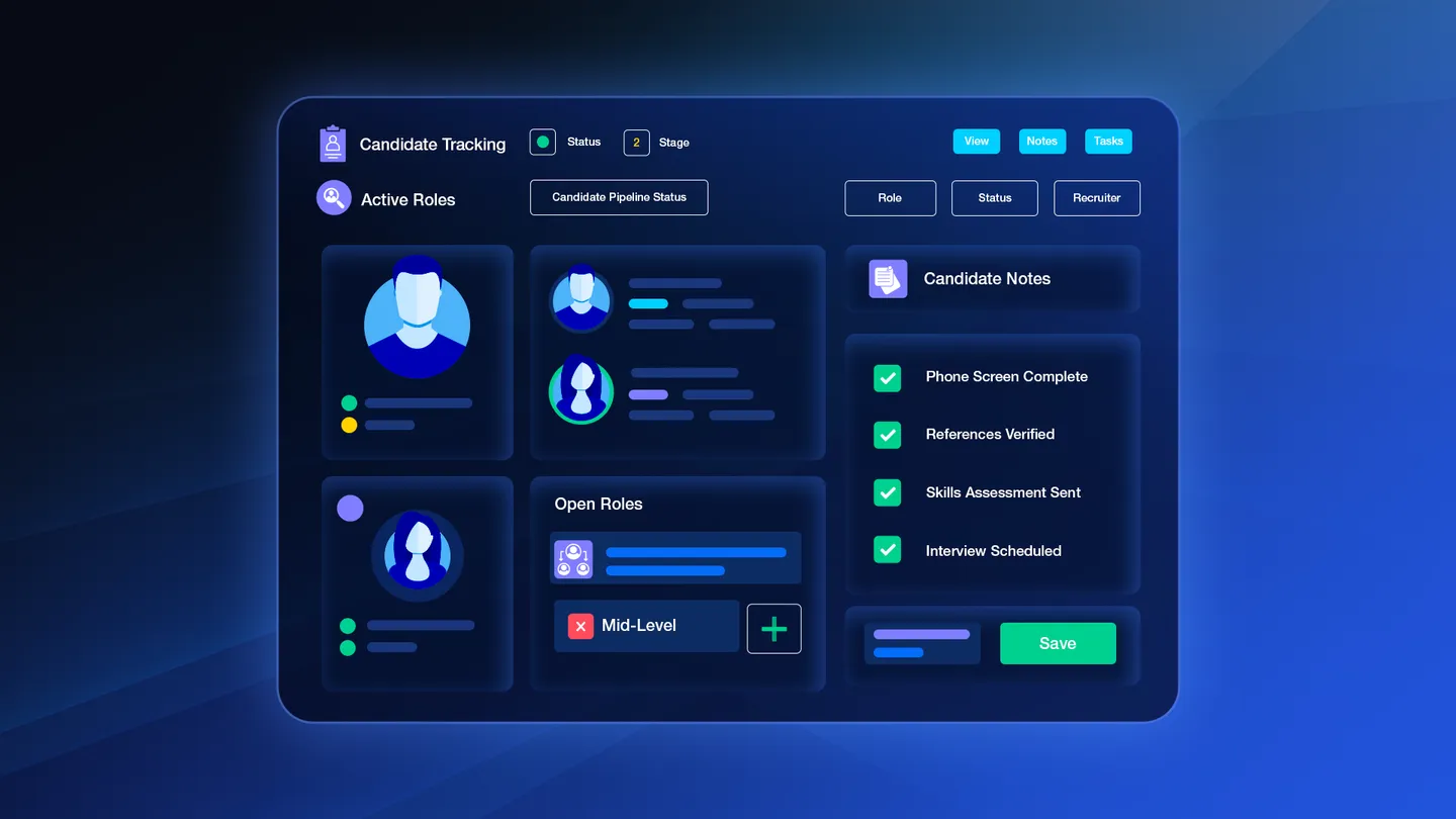 The Bexar Company candidate tracking dashboard showing active roles, hiring pipeline status, and screening progress