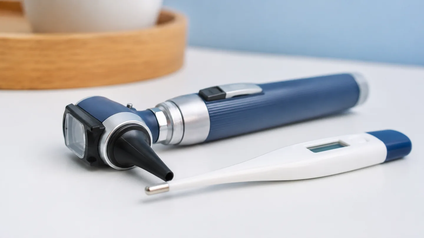 An otoscope and digital thermometer on a clean white counter