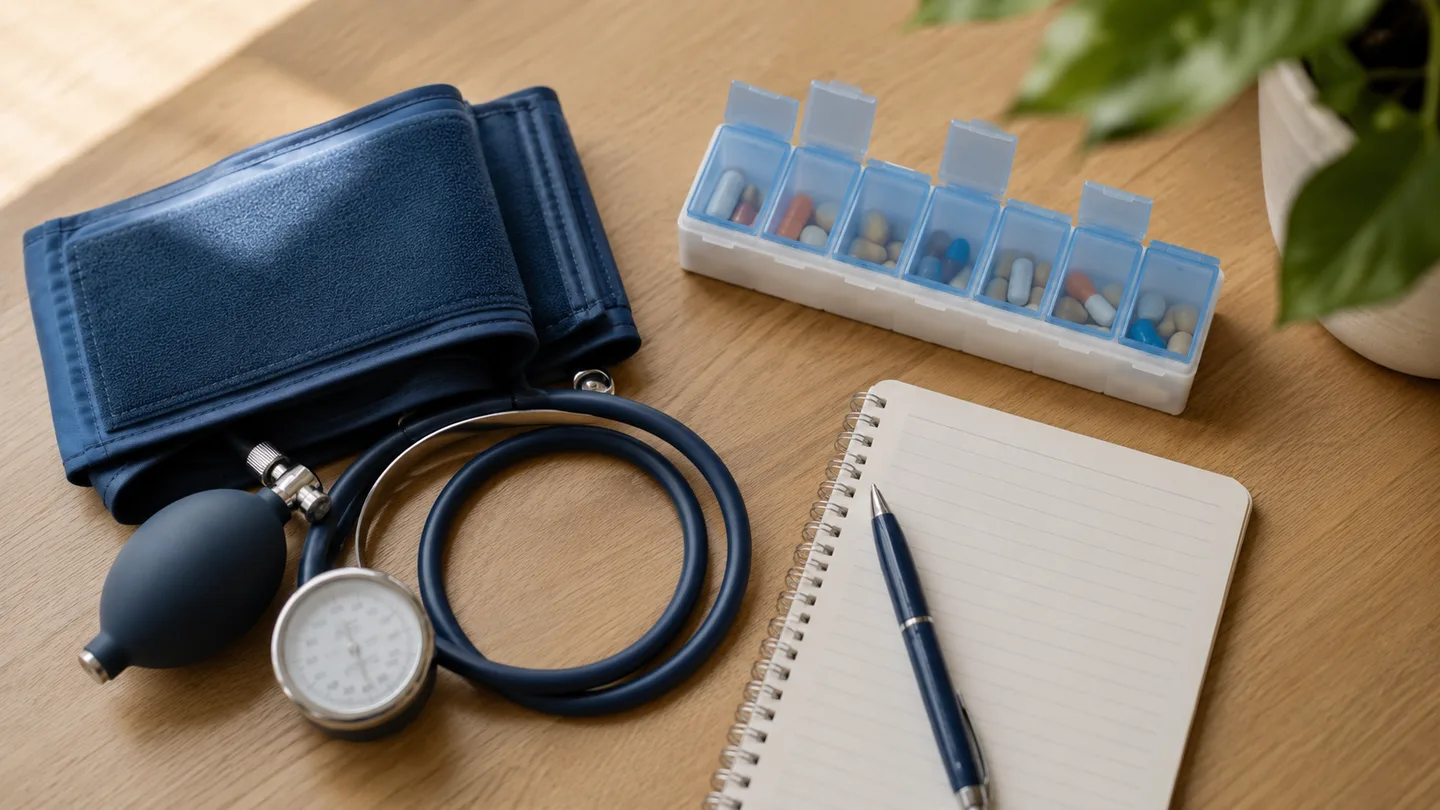 A blood pressure cuff and a weekly pill organizer on a wooden surface