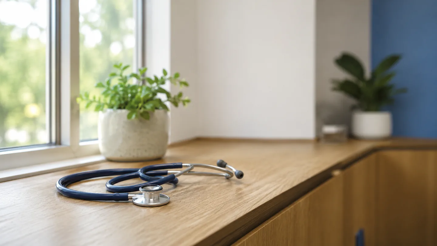 A stethoscope resting on a wooden counter beside a sunlit window