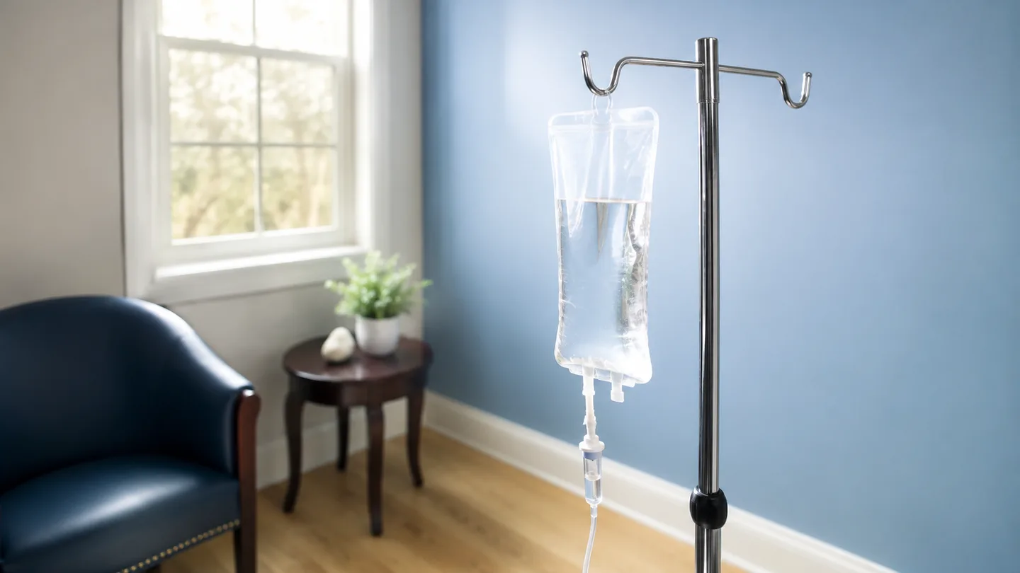An IV hydration bag on a chrome stand against a pale blue wall