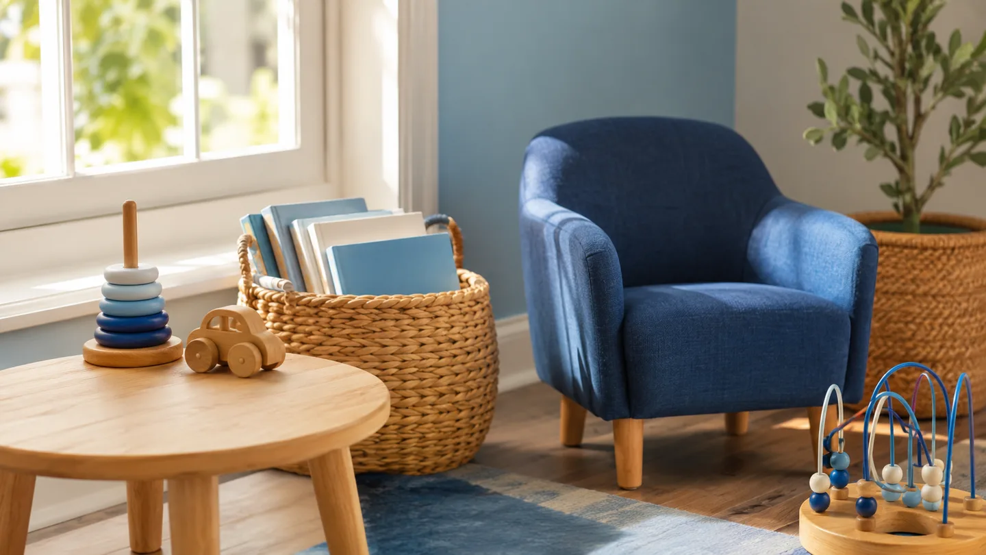 Wooden children's toys and a small blue chair beside a bright window