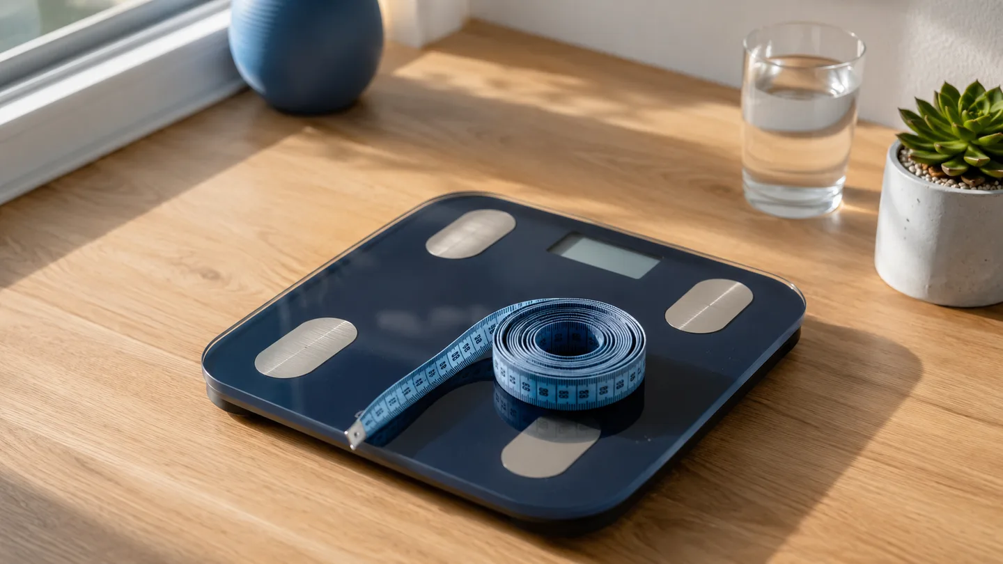 A digital scale and cloth measuring tape on a light oak surface in morning light