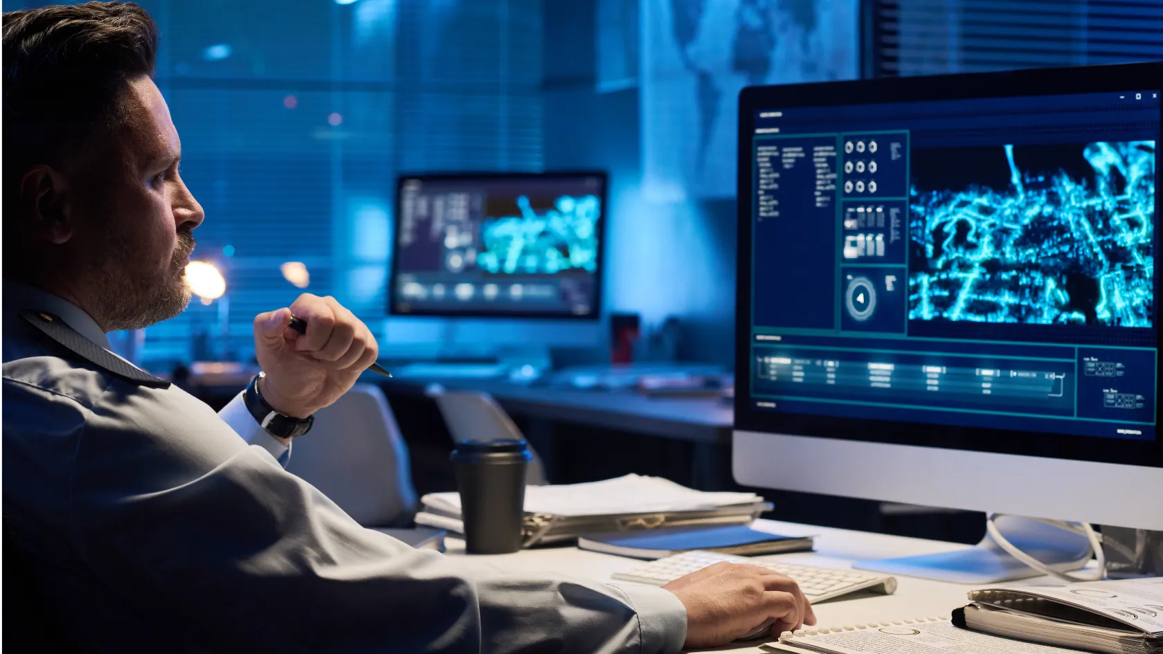 Analyst reviewing system data on dual monitors in a dark office