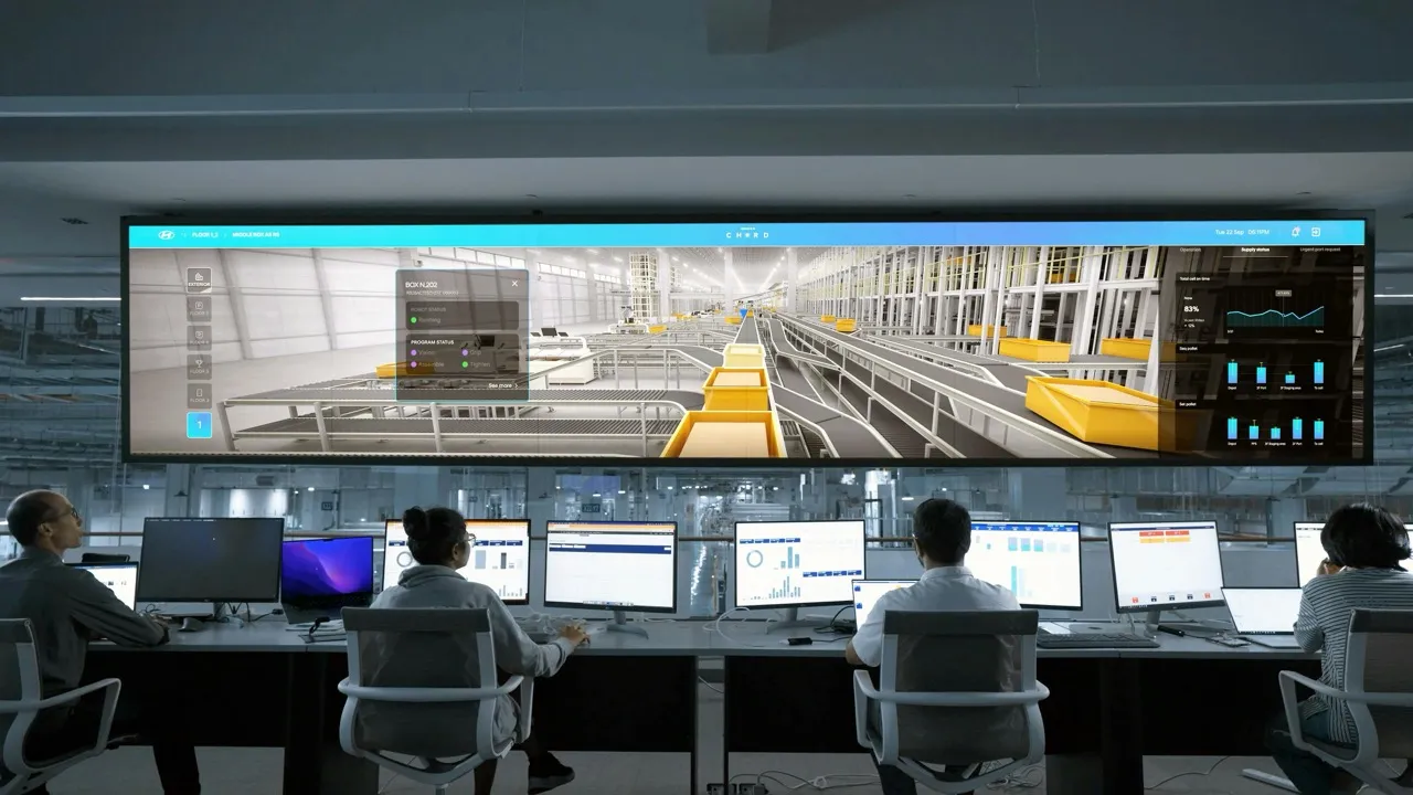 Several people analyzing computers with a large datacenter and warehouse on a wide screen