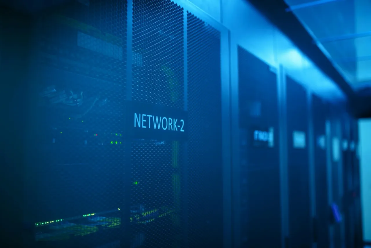 Image showing data center servers with labels on the server doors