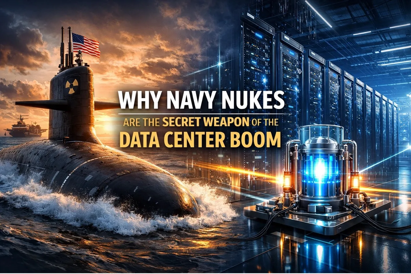 Illustration pairing a Navy submarine with a data center power system