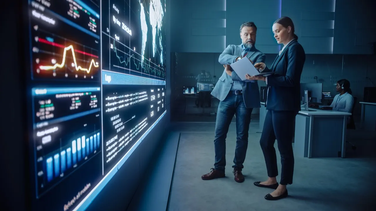 Team reviewing facility performance data on a large control room display