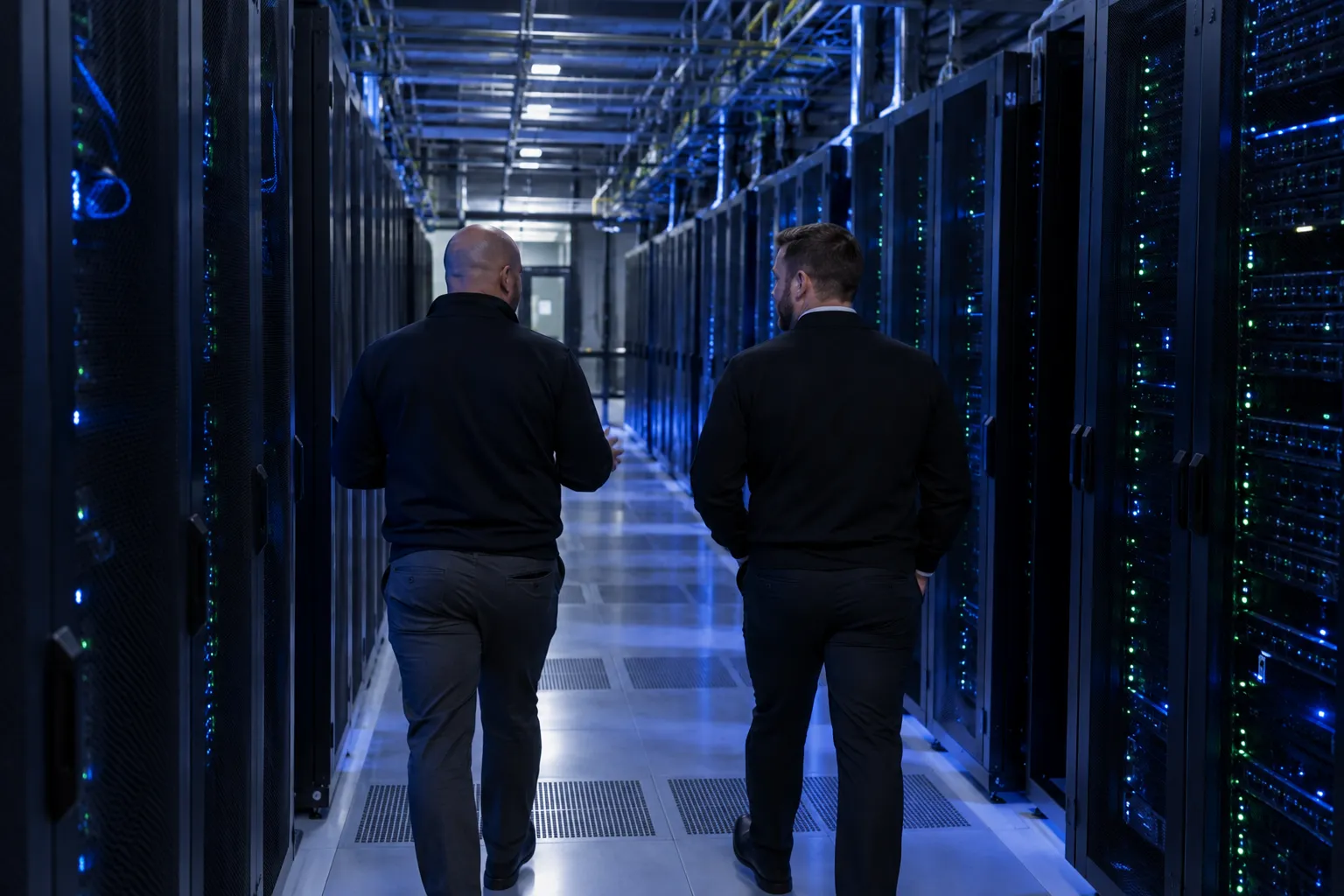 Two people walking an aisle between lit server racks in a data hall.