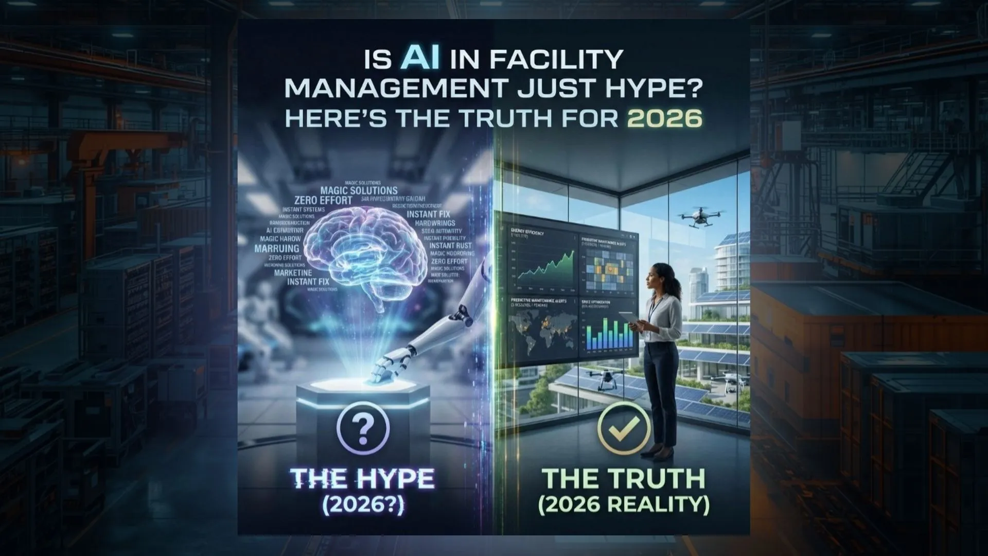 Split illustration contrasting AI hype with real facility management data