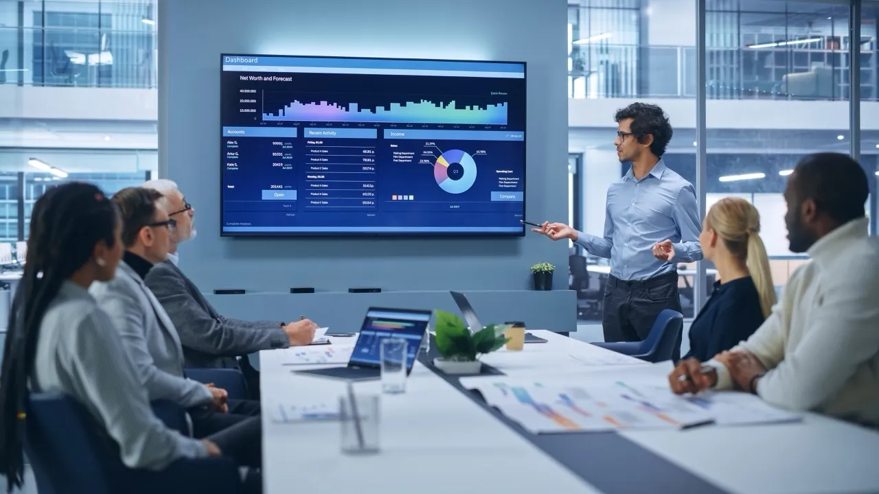 Presenter reviewing incident response data with a team in a meeting room