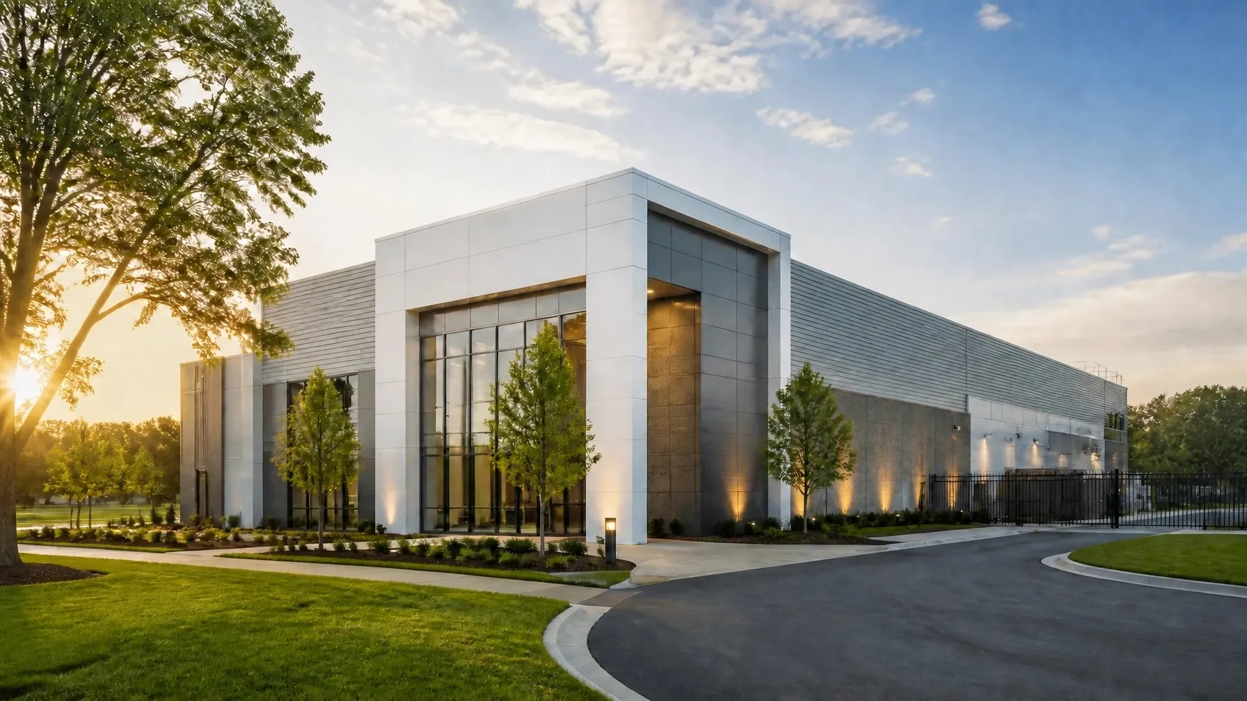 Modern data center building exterior with landscaped grounds at sunrise
