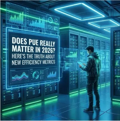 Illustrated data center scene with efficiency metrics dashboards