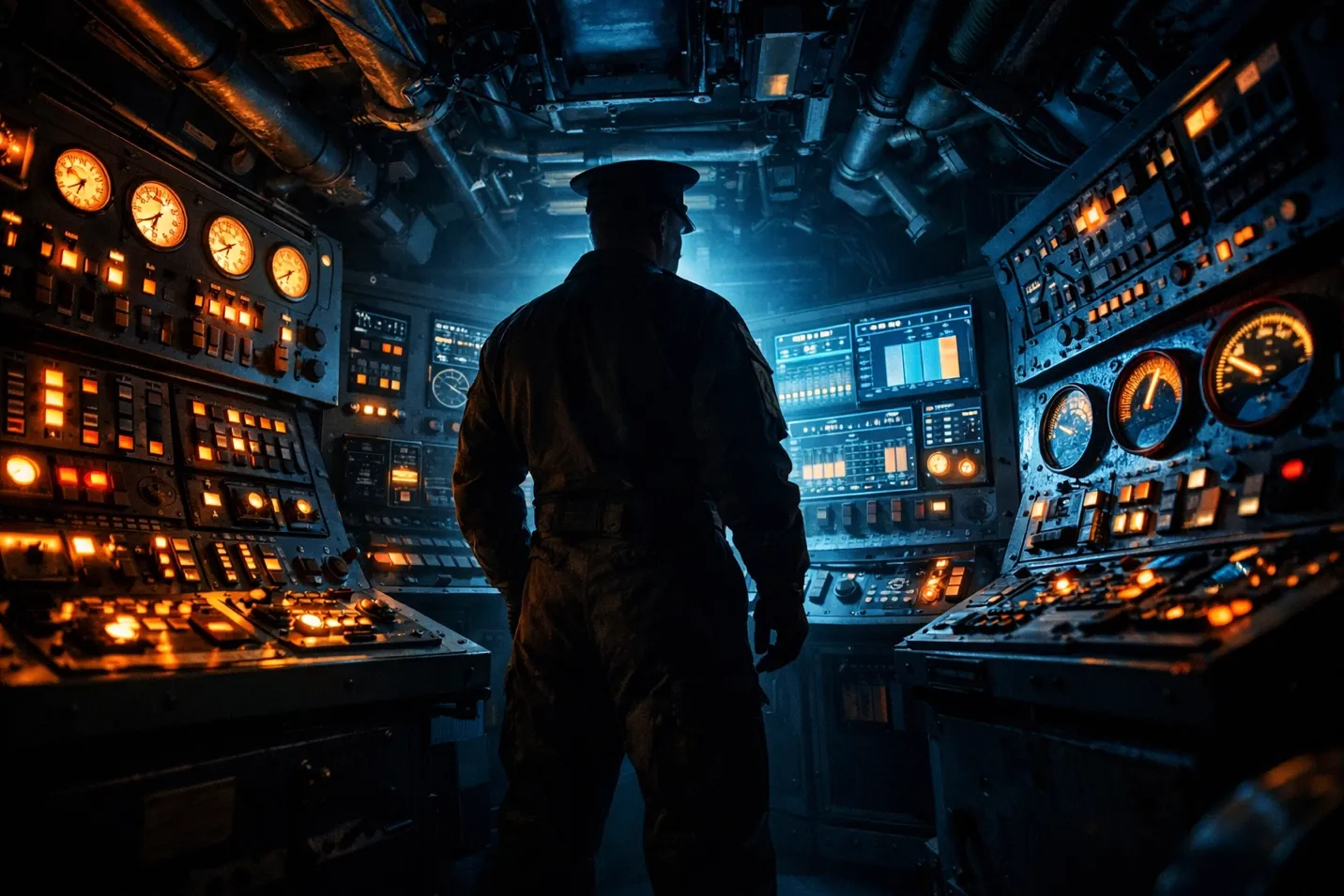 Navy nuclear operator monitoring submarine reactor control panels in mission critical environment