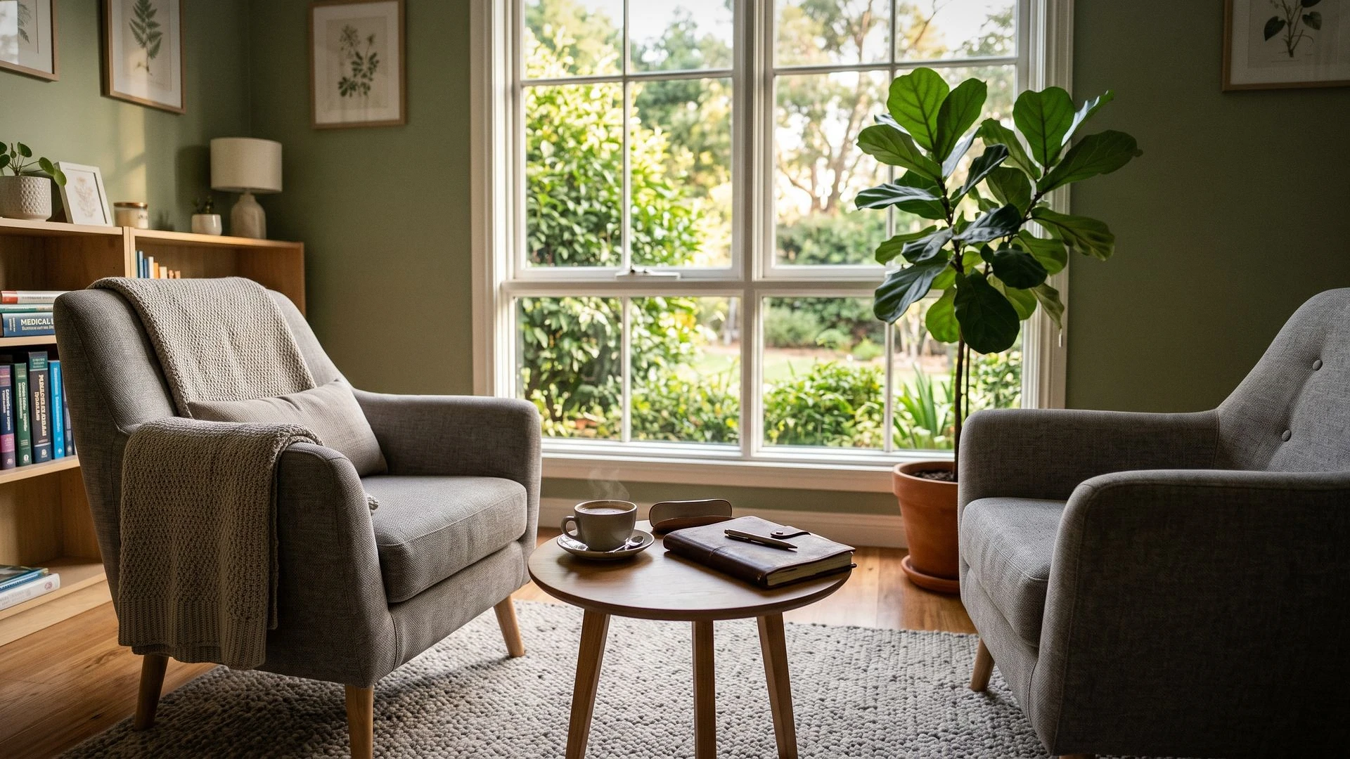 A calm two-chair consultation corner beside a sunlit window