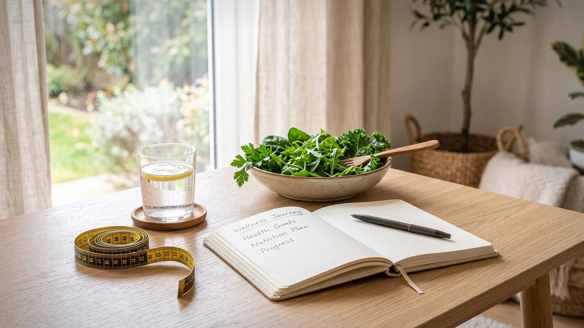 A wellness desk with fresh greens, water, and a health journal