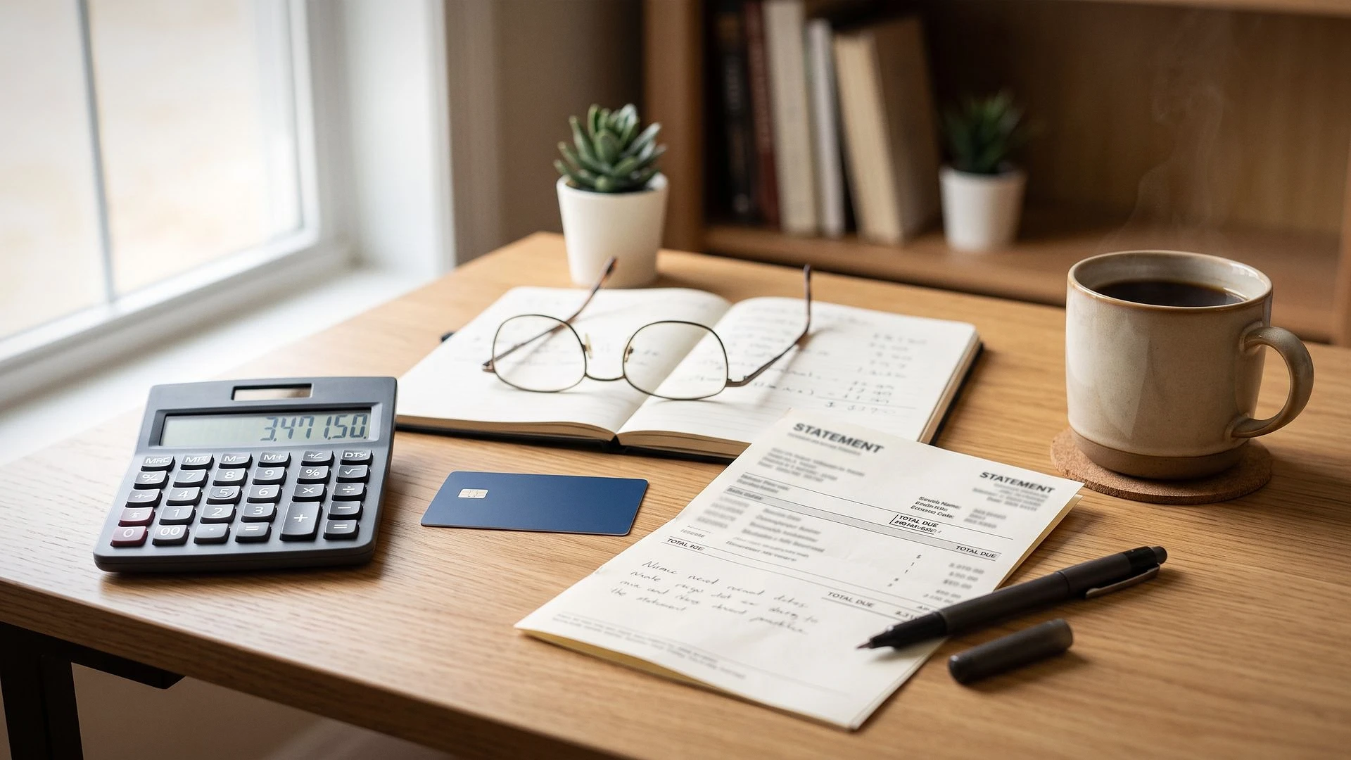 A home desk set up for healthcare budgeting with a calculator and statement