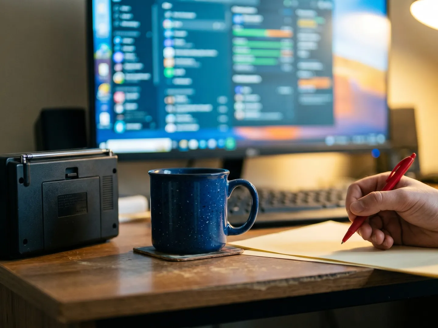 Portable two-way radio on a work desk with paperwork and coffee